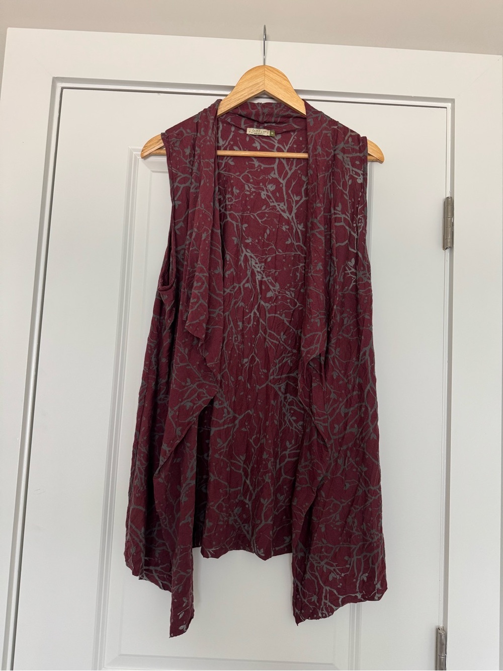 Chalet Burgundy Open-Front Draped Vest with Gray Branch Print